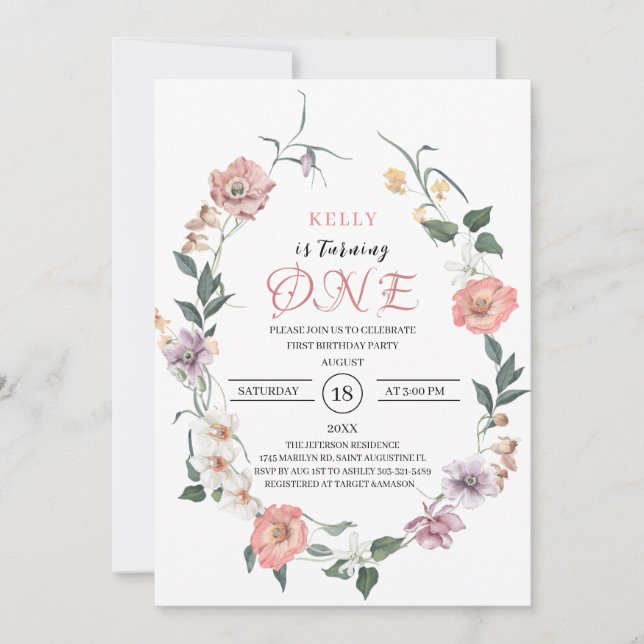 Wildflower Spring is turning one celebrate  Invitation (Front)