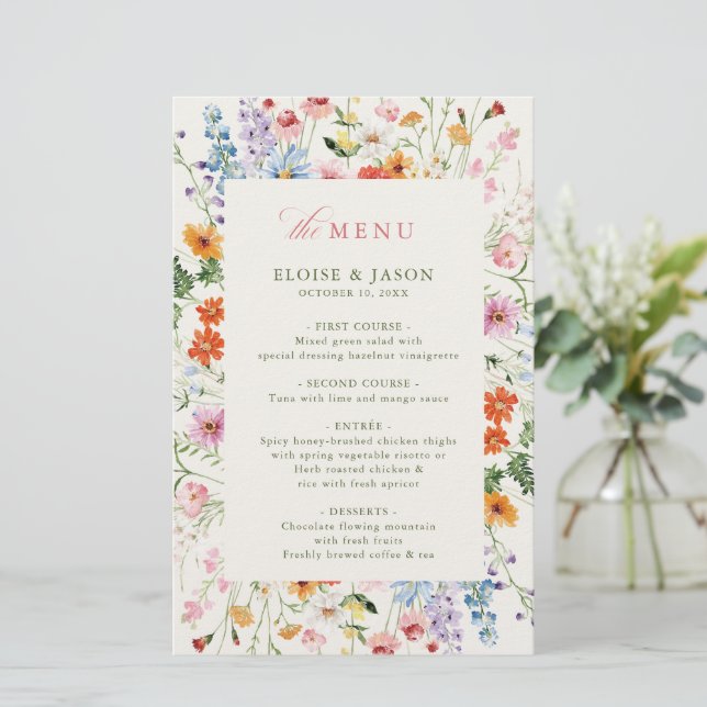 Wildflower Spring Meadow Garden Boho Wedding menu (Standing Front)