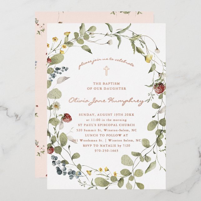 Wildflower Spring Summer Floral Baptism  Foil Invitation (Front/Back)