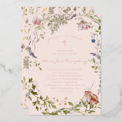 Wildflower Spring Summer Floral Baptism  Foil Invitation