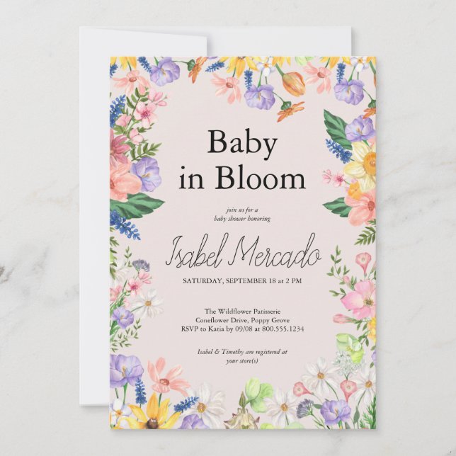 Wildflower Spring Watercolor Baby in Bloom Invitation (Front)
