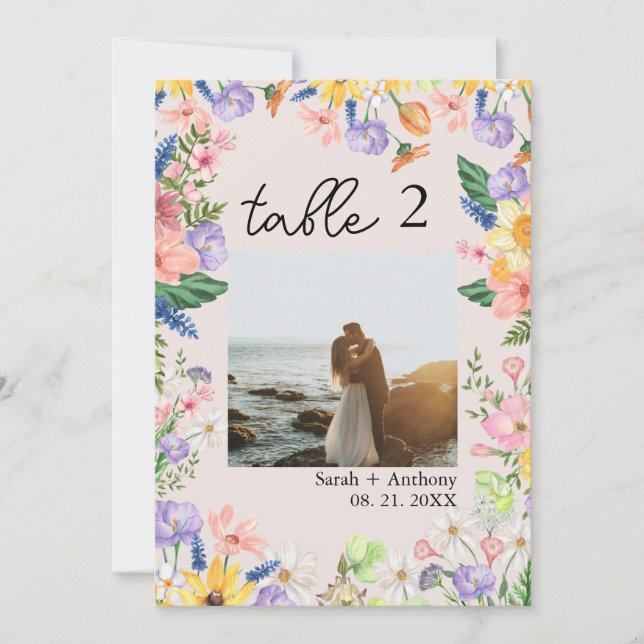 Wildflower Spring Wedding Photo Table Number Card (Front)