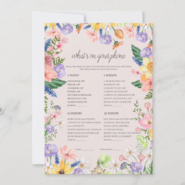 Wildflower Spring What's On Your Phone Game Card (Front)