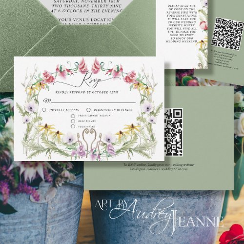 Wildflower Spring Wreath Modern Floral QR code RSVP Card
