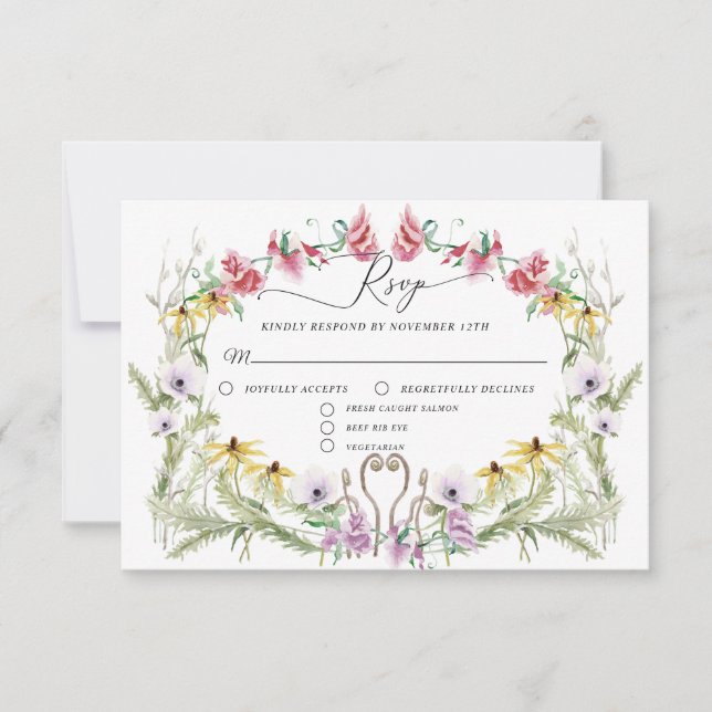 Wildflower Spring Wreath Modern Floral Typography RSVP Card (Front)