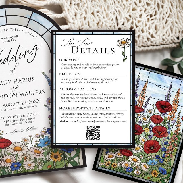 Wildflower Stained Glass Floral Wedding Details Enclosure Card (Elegant modern wildflower stained glass unique poppy daisy sunflower wedding invitation details card)