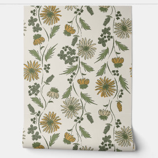 Wildflower Stripes - Mustard Gold And Deep Green Wallpaper
