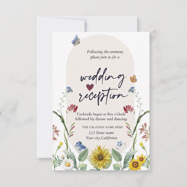 Wildflower Sunflower Butterflies Reception  Invitation (Front)