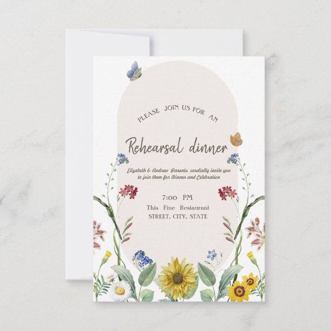 Wildflower Sunflower Butterfly Rehearsal Dinner   Invitation (Front)