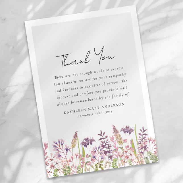 Wildflower Sympathy Funeral Thank You Card | Zazzle