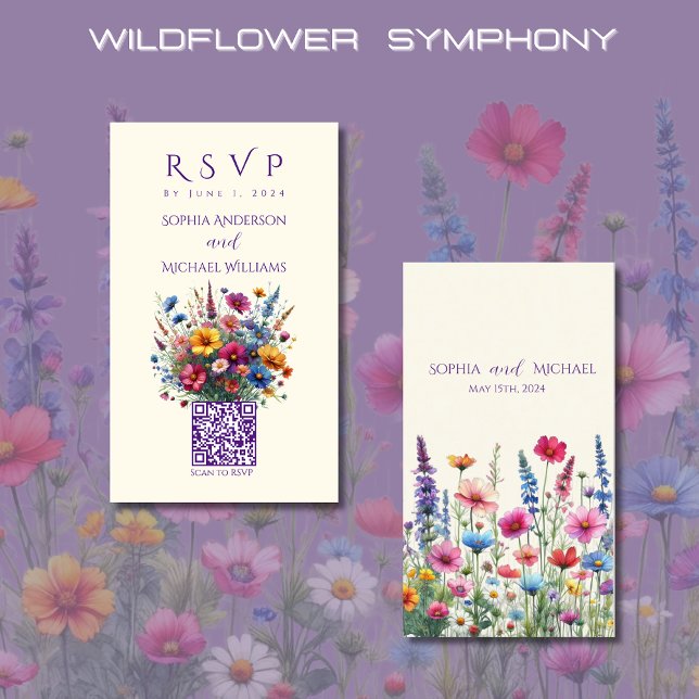 Wildflower Symphony-RSVP-QR code- Business Card (Wildflower Symphony Wedding RSVP QR Code-Colorful, Rustic, Country, Bohemian, Elegant)
