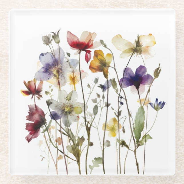 Wildflower Symphony: Vibrant Watercolor Art Glass Coaster (Front)