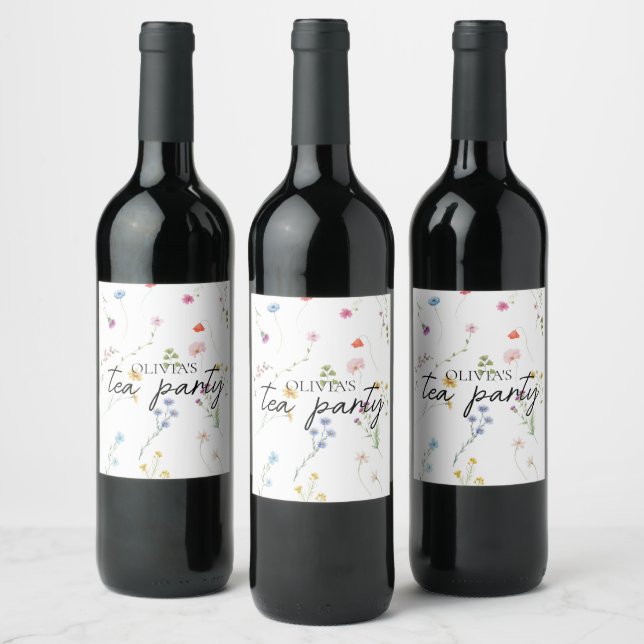 Wildflower Tea Party Bridal shower Wine Label (Bottles)