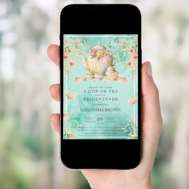 Wildflower Tea Party Teal Blue Bridal Shower Invitation (Front Digital)