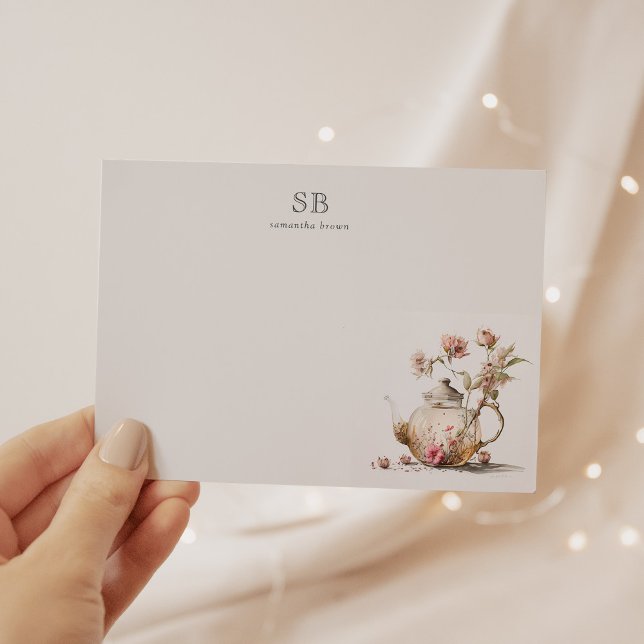 Wildflower Tea Party Watercolor Tea Initial Note Card (Creator Uploaded)