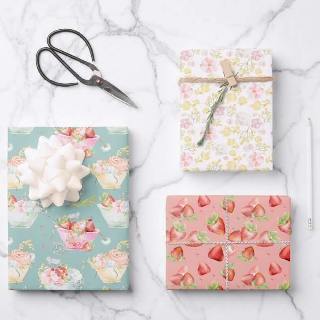 Wildflower Teacup Strawberry Field Nursery Wrapping Paper Sheets (Front)