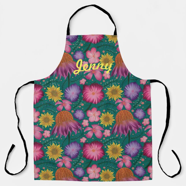 Wildflower Teal Floral Personalized Apron (Front)