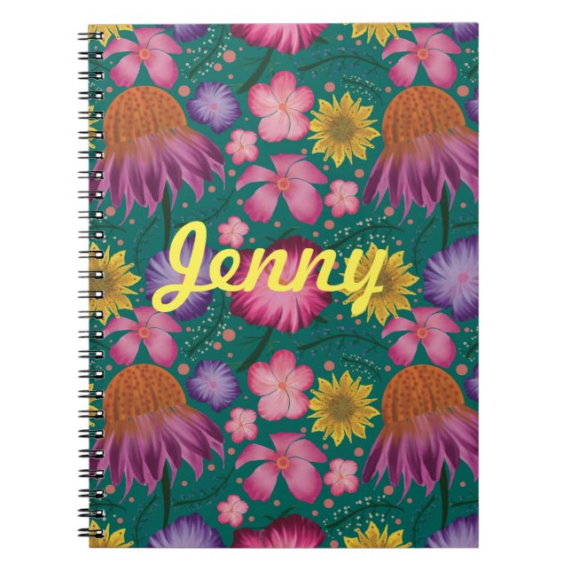 Wildflower Teal Floral Personalized Notebook (Front)