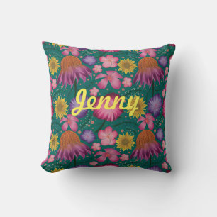 Wildflower Teal Floral Personalized Throw Pillow