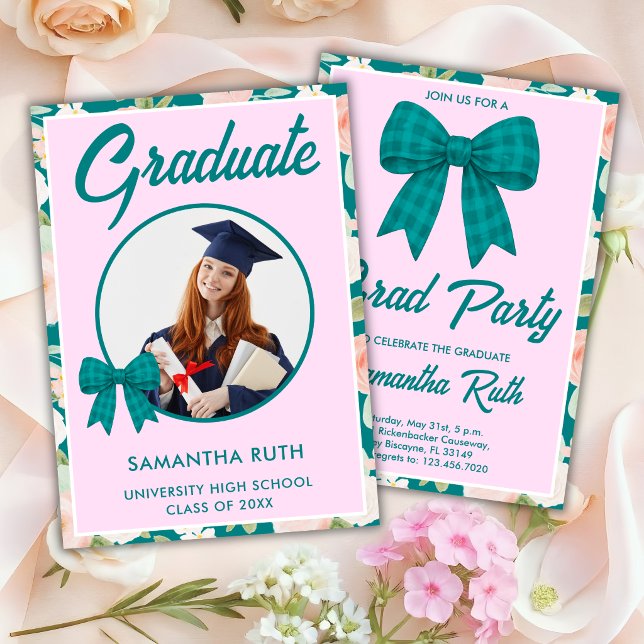 Wildflower Teal Gingham Bow Photo Graduation Invitation (Creator Uploaded)