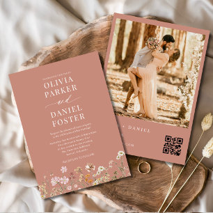 Wildflower Terracotta Boho QR Code Photo Wedding  Invitation