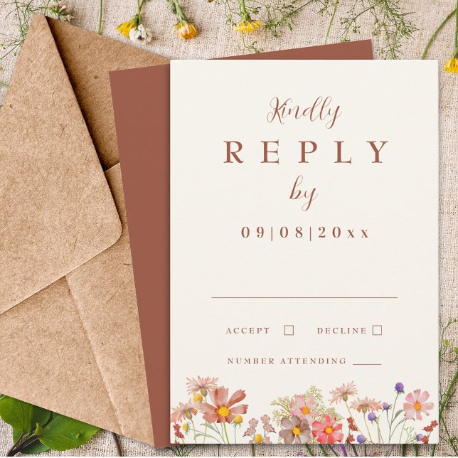 Wildflower Terracotta Fall Wedding Reply RSVP Card (Wildflower boho terracotta burnt orange fall wedding invitation rsvp enclosure card)