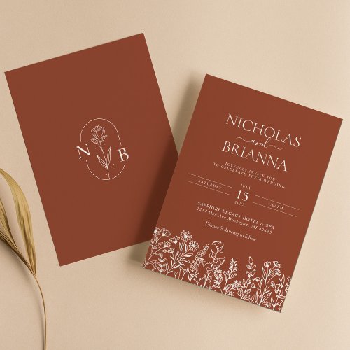 Wildflower Terracotta Minimalist Wedding Monogram Invitation
