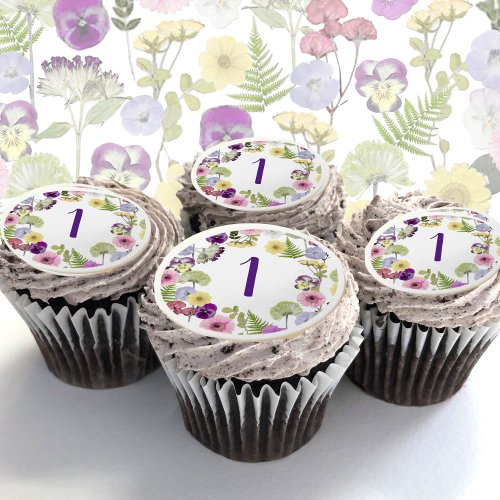 Wildflower theme 1st birthday cupcake topper edible frosting rounds