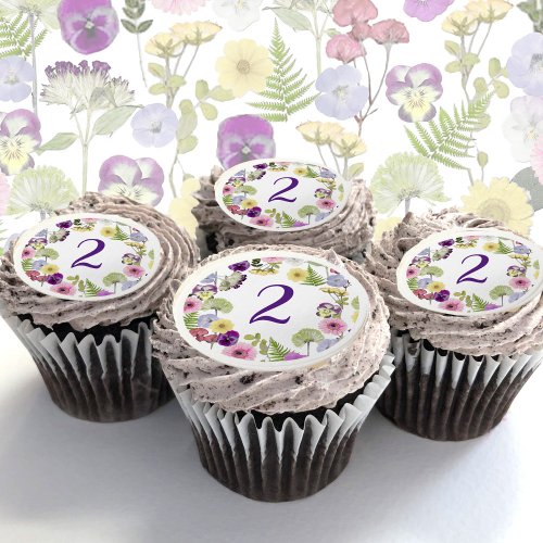 Wildflower theme 2nd birthday cupcake topper edible frosting rounds