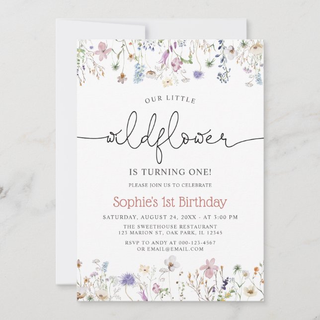 Wildflower Theme Baby Girl 1st Birthday Invitation (Front)