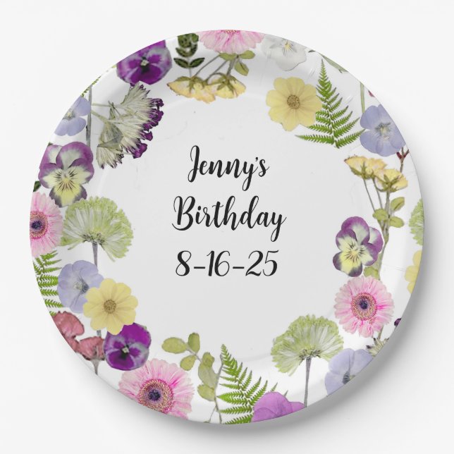 Wildflower theme birthday paper plate (Front)