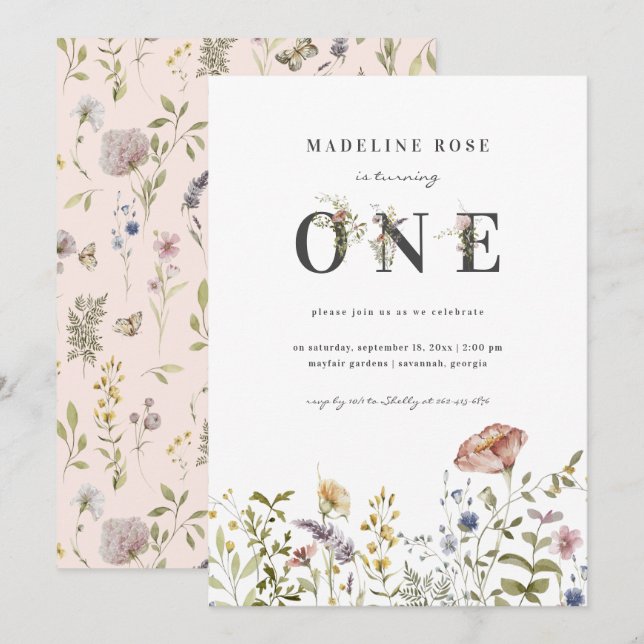Wildflower Theme Girl 1st Birthday Invitation (Front/Back)
