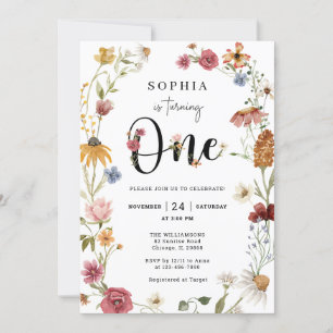 Wildflower Theme Girl 1st Birthday Invitation