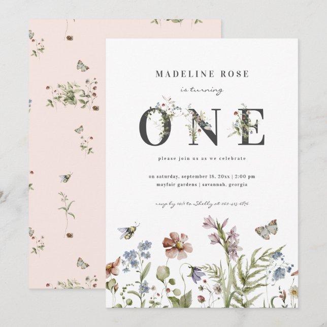 Wildflower Theme Girl 1st Birthday  Invitation (Front/Back)