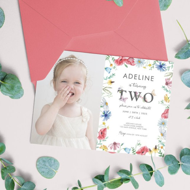 Wildflower Theme Girl 2nd Birthday Cute Photo  Invitation (2nd Birthday Wildflower Floral Invitation with photo Digital Download Cute Second Birthday Party)