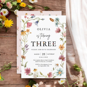 Wildflower Theme Girl 3rd Birthday Invitation