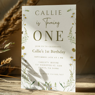 Wildflower Theme Sage Green Girl 1st Birthday Invitation