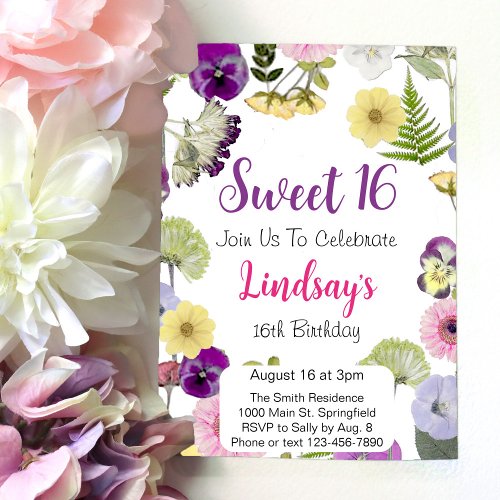 Wildflower Themed 16th Birthday Invitation