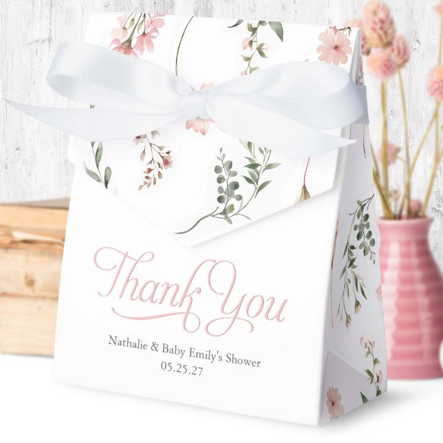 Wildflower themed elegant baby shower favor boxes (Elegant pink wildflower and sage green greenery thank you favor boxes.)