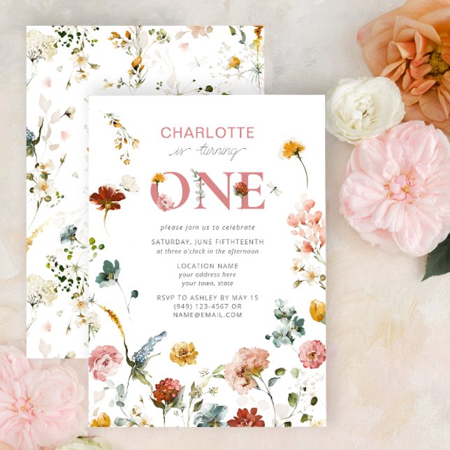 Wildflower Turning One 1st Birthday Floral Girl Invitation (1st Birthday Invitation)