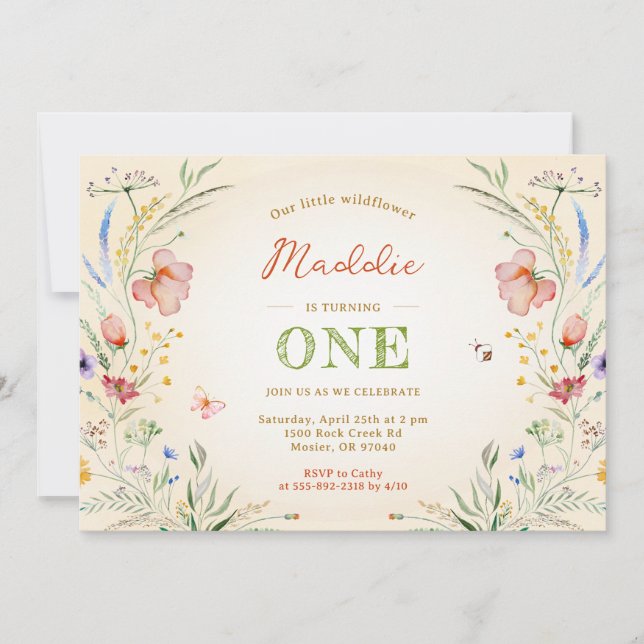 Wildflower Turning One 1st First Girl's Birthday Invitation (Front)