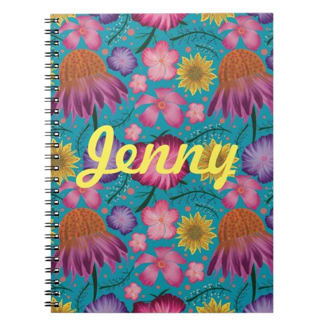 Wildflower Turquoise Floral Personalized  Notebook (Front)