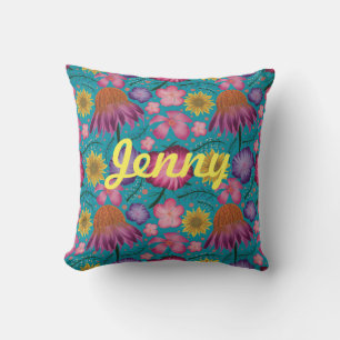 Wildflower Turquoise Floral Personalized  Throw Pillow
