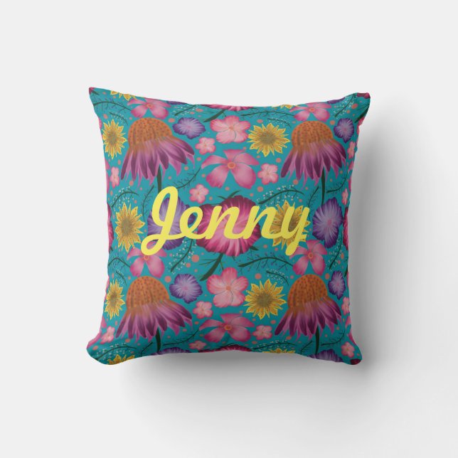 Wildflower Turquoise Floral Personalized  Throw Pillow (Front)
