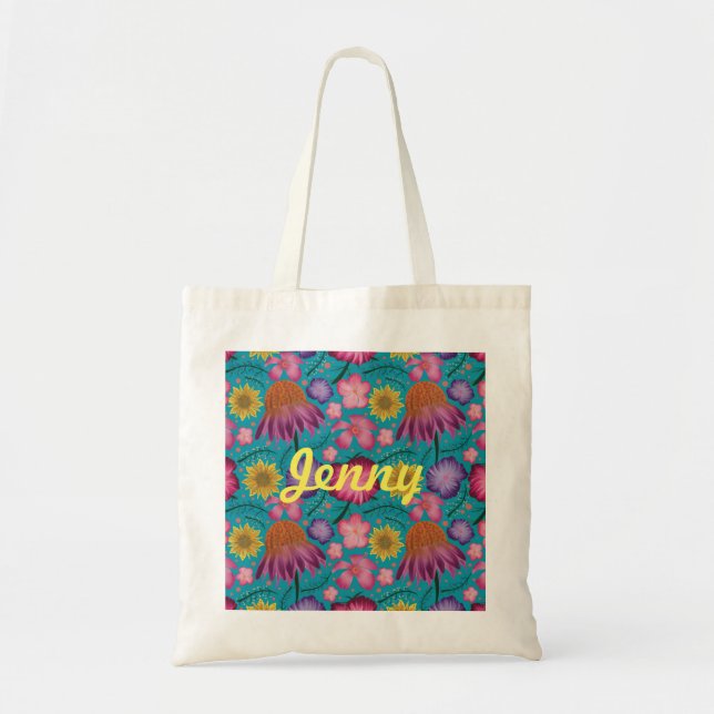 Wildflower Turquoise Floral Personalized  Tote Bag (Front)