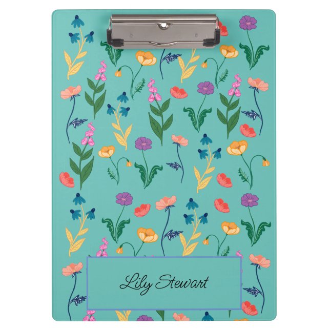 Wildflower Turquoise Personalized Clipboard (Front)