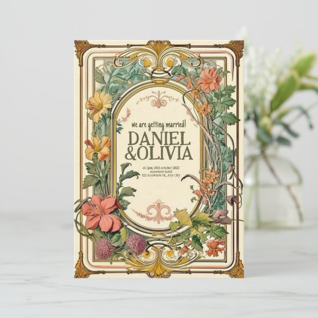 Wildflower Victorian Ornate Border Wedding  Invitation (Standing Front)