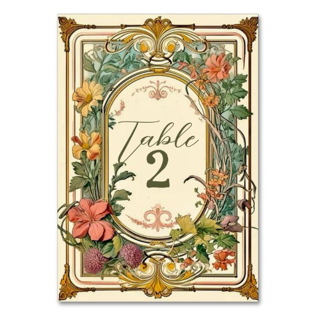 Wildflower Victorian Ornate Border Wedding Table Number (Back)