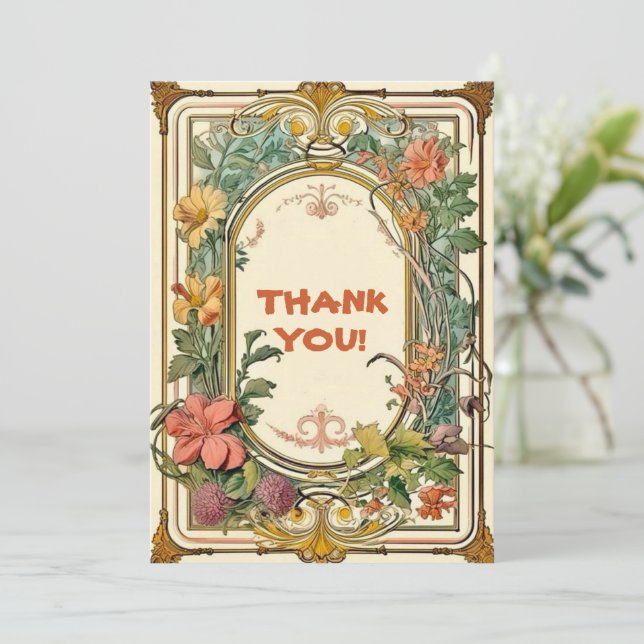 Wildflower Victorian Ornate Border Wedding Thank You Card (Standing Front)