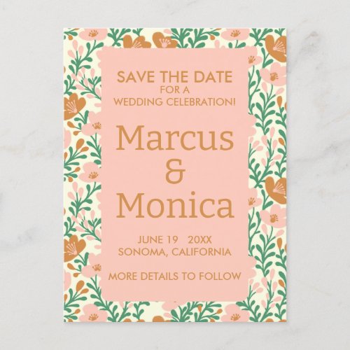 Wildflower Vines Pink Green Custom Save the Date  Postcard